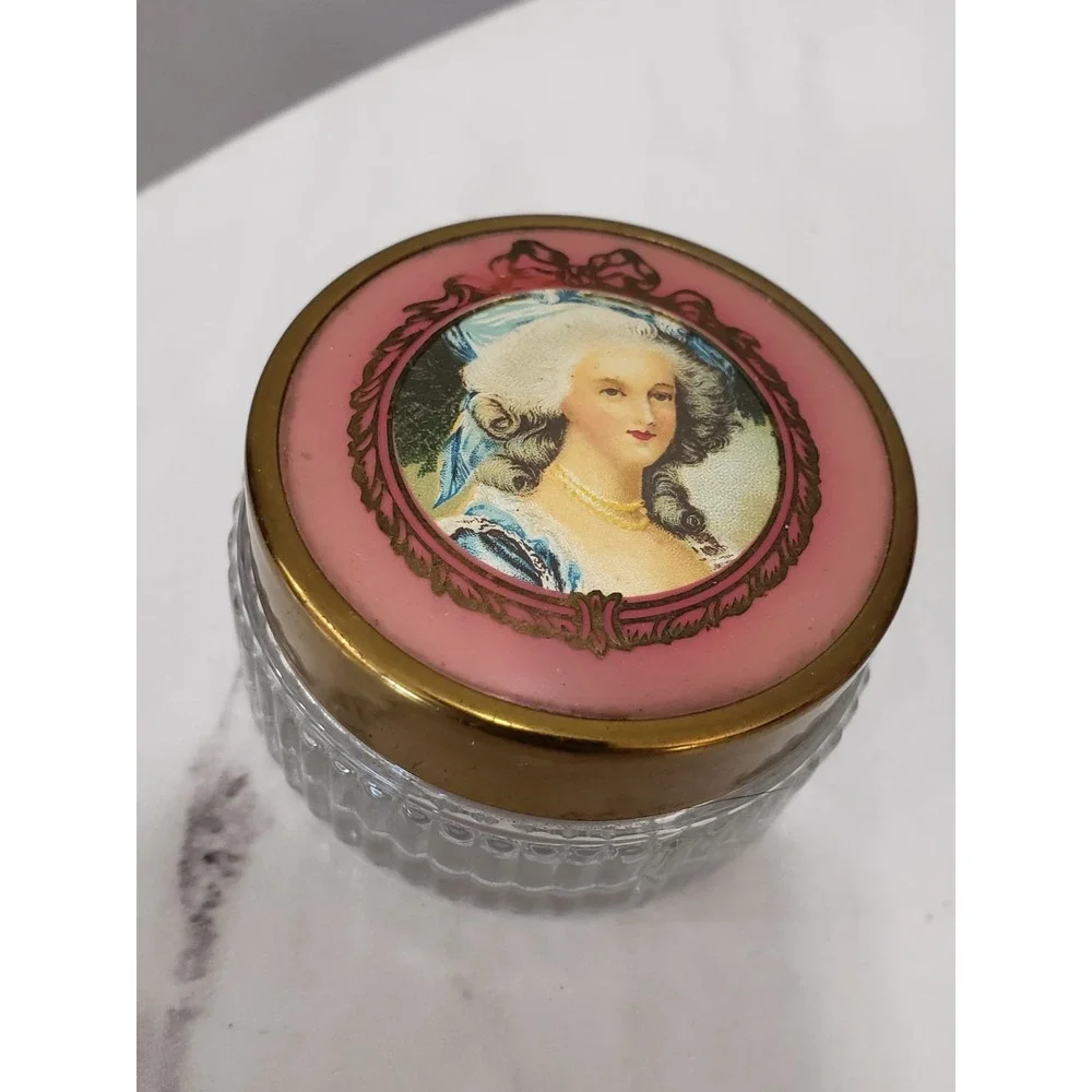 Lot 2 Vintage Vanity Make Up Glass Powder Jar Victorian Painted Lady Metal Lid